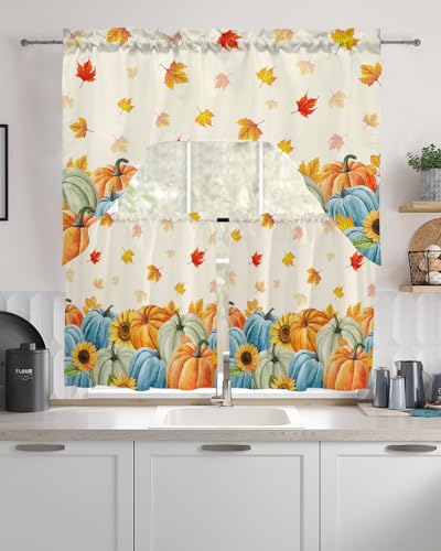 Thanksgiving Fall Swag Kitchen Curtain Sets with Valance,3 Pieces Rod Pocket Curtain Drapes for Bedroom Living Room Bathroom Cafe Windows,Colored Pumpkins Maple Leaves 56''x36'' & 24''x27.5''x2Panels