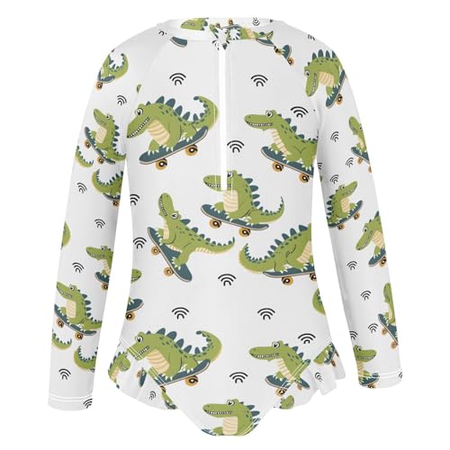 ALAZA Cartoon Crocodile Animal White Girls One Piece Swimsuit Long Sleeve Rash Guard Swimsuits UV 50+ Swimwear Zipper2