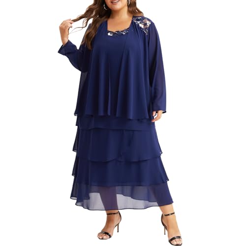 Plus Size Chiffon Mother of The Bride Layered Dress with Jacket 2 Piece Set Decal Designs Formal Wedding Guest Attire2