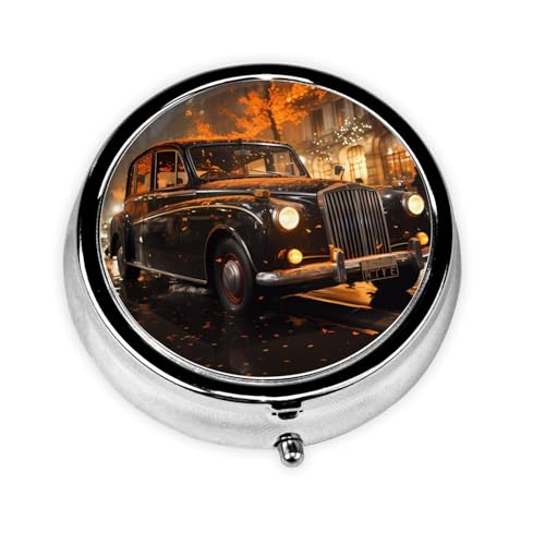 Cute 3-Compartments Round Pill Box London Black Cab Small Pill Case Portable Medicine Dispenser,for Pocket Purse