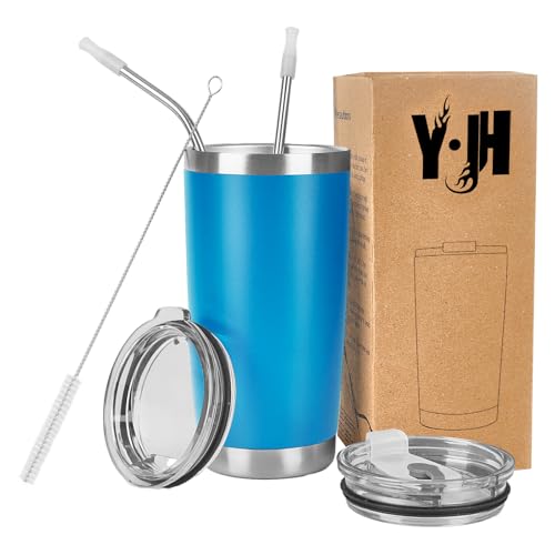 Y·J&H Y·JH 20oz (550ml) Bicchiere da viaggio Tazza da caffè a doppia parete isolata sottovuoto Tazza da caffè in acciaio inossidabile con 2 coperchi antispruzzo, 2 cannucce, senza BPA - Blu Cielo