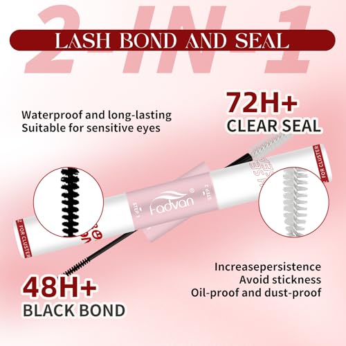 FADVAN Lash Bond and Seal Kit - Waterproof Eyelash Glue with Clear Seal, 12ml Super Strong Hold 48-72 Hours, DIY & Cluster Lashes at Home