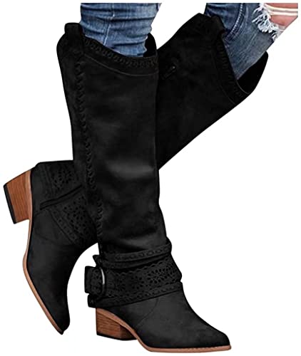 Faux Suede Booties Cowboy Boots for Women Wide Calf Cowgirl Fashion Modern Western Boots Round Toe Knee High Chunky Heel Shoes