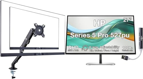 Image of HP Series 5 Pro 527pu 27 inch QHD USB-C Docking Monitor | Adjustability Tilt /Swivel /Pivot /Height, VESA Mount, Displayport, Black /Silver, W /DKZ Hub & Single Mount Arm