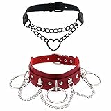 Red Leather Choker Necklaces, Gothic PU Necklace Adjustable Love Heart Spiked Vintage Black Soft...