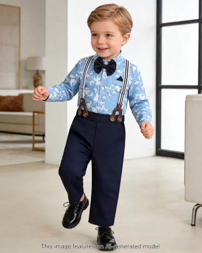 Image of SANGTREE Baby Suits for Boys Gentleman Wedding Outfits Long Sleeve Dress Shirt Suspender Pants Bowtie Boy Clothes Set, 1-6T