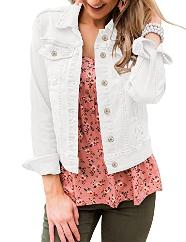 Vetinee Womens White Jean Jacket Women Basic Stretch Fitted Casual Button Down Truker Denim Jacket Long Sleeve Pockets Jean Coat Medium Size 8 Size 10