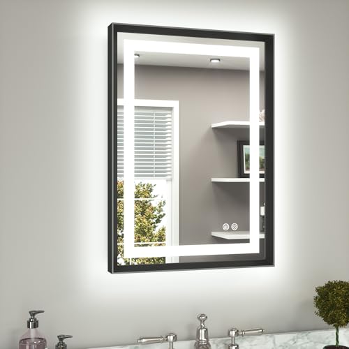 TETOTE 20 x 28 Bathroom LED Mirror Brushed Black Metal Frame Frontlit & Backlit Vanity Mirror Anti-Fog Stepless Dimmable 3 Colors White/Warm/Natural Wall-Mounted