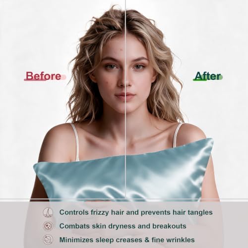 Image of LYSHIN Silk Pillow Cases Standard Size with Hidden Zipper, Haze Blue | 19 Momme Mulberry Silk Pillowcase for Skin and Hair, Anti-Acne, Hypoallergenic, Cooling, Beauty Sleep, Gifts for Women