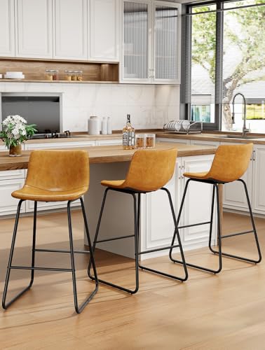 Image of REONEY Bar Stools Set of 3, 26 inch Faux Leather Counter Height Stools, Brown