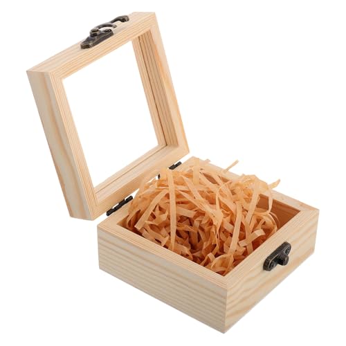 Mikikit Cajita de Madera Vintage con Tapa Abatible y Cristal Transparente Organizador de Joyas Multifuncional con Relleno de Rafia para Pulseras Relojes y Collares Caja Decorativa