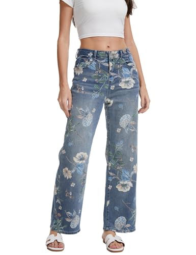 Vintage Floral Jeans for Women 90s High Rise Wide Leg Casual Stretchy Denim Pants Trendy Pantalones De Mujer3