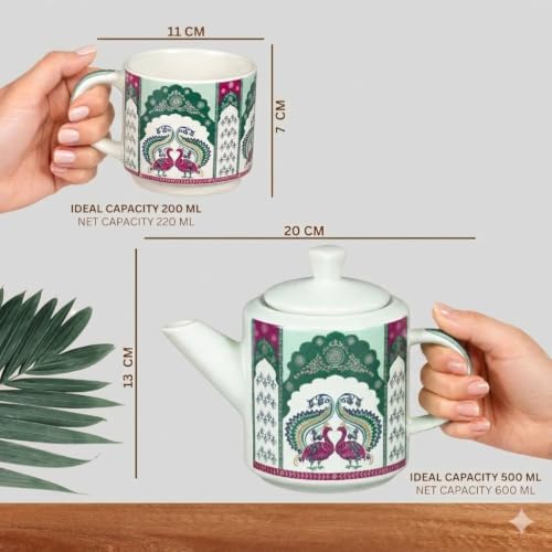 Image of Ceramic Handcrafted Tea /Coffee Set - 1 Teapot (500 ML), 2 Cups (200 ML) | Microwave & Dishwasher Safe | Best for Gifting (Magenta)