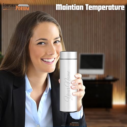 Image of CORPORATE PORIUM Your Name Printed Stainless Steel Vacuum Insulated Bottle With Tea Filter | 500 ML | Easy to Carry | Leakproof Personalized Gift Flask | Permanent Printing (White)