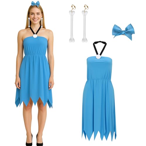 Funhoo Damen Betty Kostüm Steinzeit Blau Neckholder Kleid mit Schleife Knochen Ohrring Familie Höhlenmensch Cartoon Rollenspiel Cosplay Halloween...