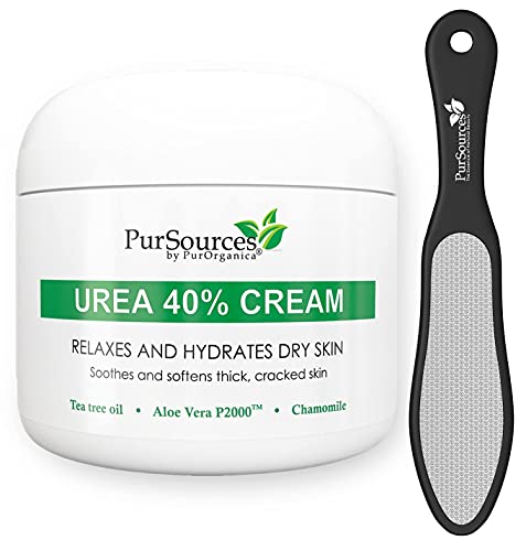PurOrganica Urea 40 Percent Foot Cream with Pumice Stone and Brush Bundle with PurOrganica Premium Foot File For Thick, Cracked, Dead and Dry Skin - For Scaly Feet, Knees & Elbows