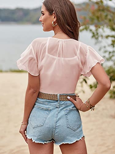 Image of ZAFUL Women's Chiffon Cropped Bolero Sheer Shrugs for Dress Short Sleeve Tie Front Cardigan