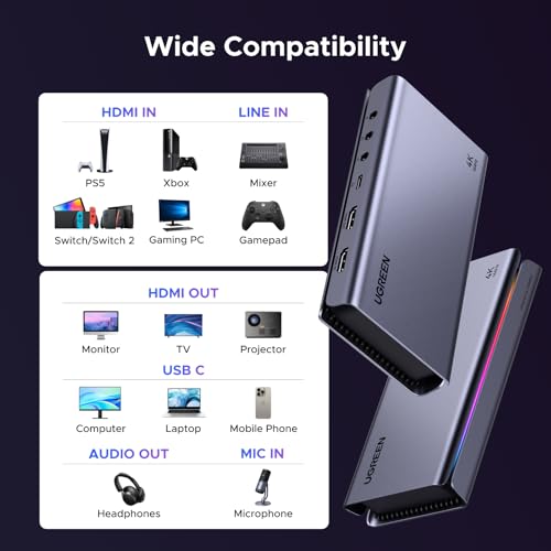 Image of UGREEN 4K 144Hz Video Capture Card HDMI to USB 3.2 Gen 2 Game Recording | Mic and HDMI 2.1 Loop-Out, with Low Latency for Streaming Compatible with Switch 2 /Xbox /PS4 /PS5 /PC /Camera /Mac /OBS /XSplit