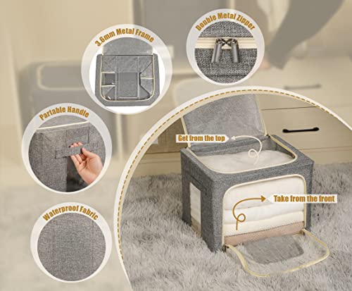 Furnhome 3 Pack 40L Organizer/Bins, Sturdy Stackable, Foldable Clothing Storage for Closet with Zippers & Clear Window & Reinforced Handles-Grey