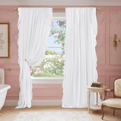 NICETOWN White Shabby Chic Curtains 80 inches Long for Doorway, Rod Pocket Privacy with Soft Light Filtering Romantic Flowy Drapes for Bedroom/Living