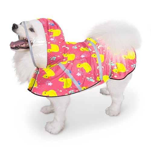 Eiaayer Dog Raincoat Adjustable Rain Jacket with Hooded Double Layer for Large Medium Small Dogs Puppies Lightweight Waterproof Rain Coat Poncho with Reflective Stripe Duck Pink S