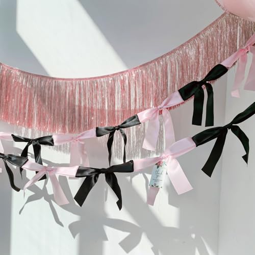 Image of Pink & Black Satin Bow Garland 6FT | Coquette & Cowgirl Birthday Banner, Pre-Tied Ribbon Bow Knot Decoration for Girls, Bridal Shower, Baby Room & Party Backdrop Decor