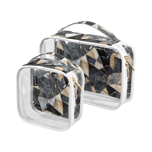 Paquete de 2 neceseres decorativos transparentes para colgar artículos de tocador aprobados por la TSA, con piedras de mármol, estilo geométrico, bolsa de maquillaje transparente, pequeña bolsa de