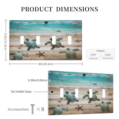 Decorative Light Switch Cover Plate Turtle Starfish Beaches Blue Wood Plank 4 Gang Wall Plate Oversized Quad Toggle Switch Cover Plate Jumbo Faceplate for Bathroom Decor