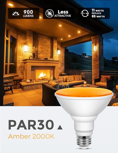 Image of L LOHAS LED Dusk to Dawn Yellow Bug Light Bulbs Outdoor, PAR30 Flood Light | LED Flood Light Outside, 75W Equivalent, Non-Dimmable Porch Lights, 11W E26 Base for Patio, Backyard, Party, 2 Pack