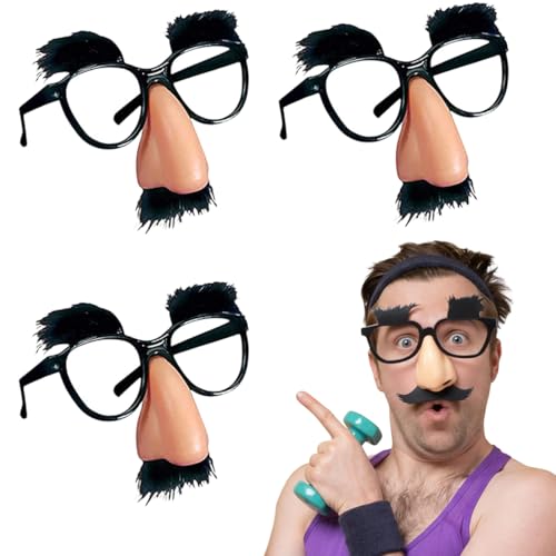 Lot de 3 Lunettes Drôles, Lunettes Déguisement avec Gros Nez et Moustache, Sans Correction Visuelle,Unisexe, Carnaval,Halloween,Fête Costumée,Cadeau Rigolo,Déguisement Drôle