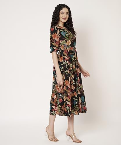 Image of PIDAVLIYA'S Women's Cotton Floral Printed Midi Dress | V-Neck Fit & Flare Dress with Puff Sleeves | Casual Summer Wear