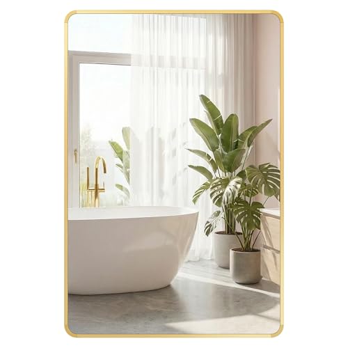 Songmics Bathroom Mirror, Wall Mounted Vanity Mirror, Rectangular, Aluminium Frame, 91 X 61 Cm, With Safety Film, 2 Mounting Options, For Living Room, Bedroom, Bathroom, Pale Gold LWM010AB01