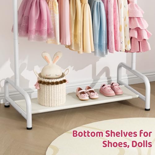 SLEEPING LAMB Kids Clothing Rack, Small Baby Clothes Rack with Bottom Storage Shelf, Kids Dress Up Rack Storage for Coats, Dance Costume Garment Rack for Hanging Clothes, White