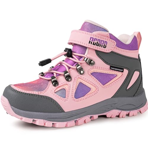 R CORD Kids Hiking Boots Waterproof Girls Hiking Boots Durable TPR Traction Outsole Anti-Skid Athletic Hook and Loop Drawstring Closure Hiking Boots for Outdoor