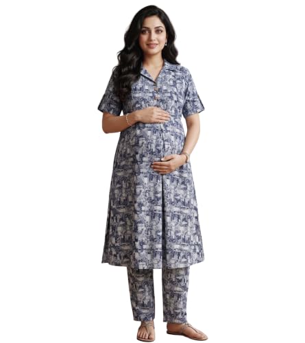 Image of DUMMY SHAPE Feeding Dresses for Women Full Set | Cotton Blend Maternity Kurta Pant Suit with Dual Nursing Zippers, Side Pocket to Pre & Post Pregnancy | Mom to Be Gifts