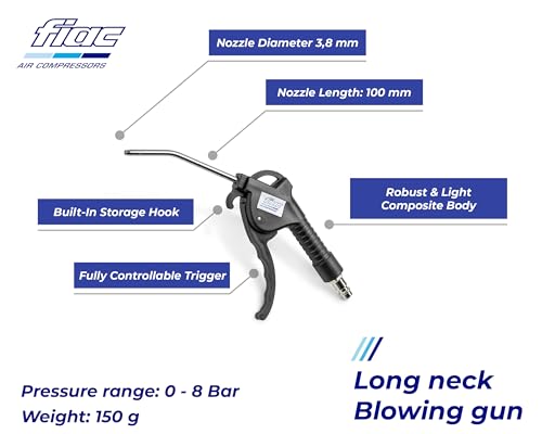 FIAC Pistola de limpieza por soplado de aire comprimido, cuello largo para limpieza de precisión, presión máxima 8 bar