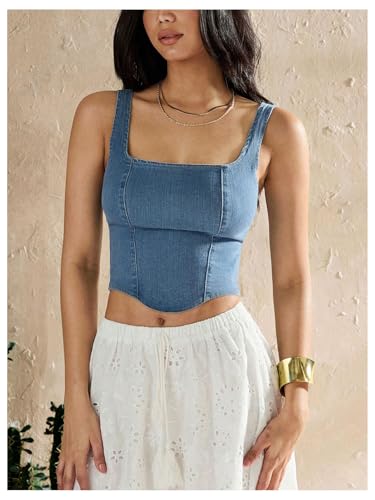 SHENHE Women's Denim Tank Top Sleeveless Square Neck Backless Slim Fit Y2k Crop Top4