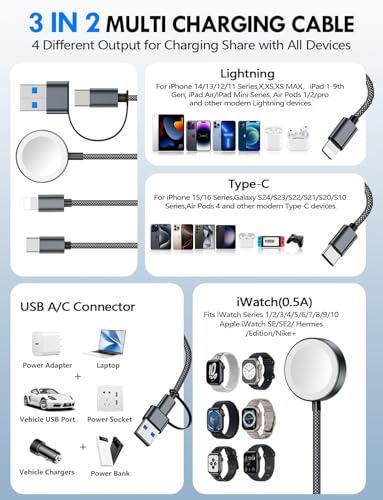 Image of 1Pack Multi Charging Cable Cord for Travel Essentials,Apple Watch Charger,iPhone Charger,[3-in-2] Type C /Lightning Cable Portable Designed for iWatch,iPhone 17-8,Galaxy S26-21,AirPods,iPad-1.5M Black