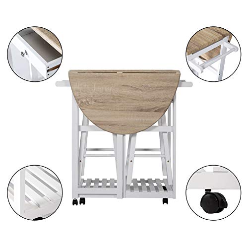 Breakfast Cart with Stools Wood Kitchen Island Cart with with Wheels Trolley Dining Table Stool Set with Folding Drop Leaf