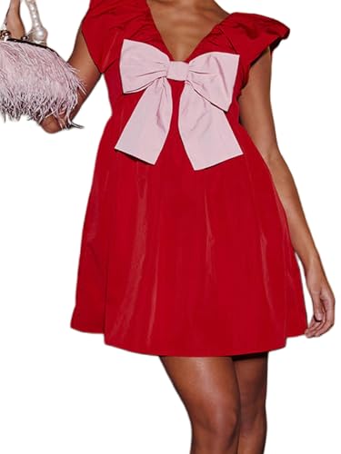 Image of Women Y2k Puff Sleeve Babydoll Dresses Square Neck Tie Back Mini Dress Summer Solid Off Shoulder Flowy Sundress