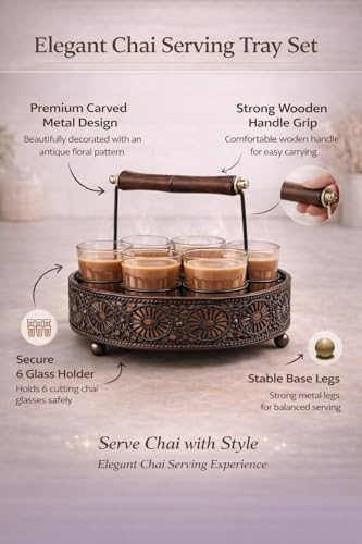 Image of Cutting Chai Glass Set of 6 - Traditional Indian Tea Glasses with Heavy Brown Metal Holder Stand | Tapri Style Chai Cups for Home, Kitchen, Cafe, Restaurant, Dhaba, Office & Tea Stall Use
