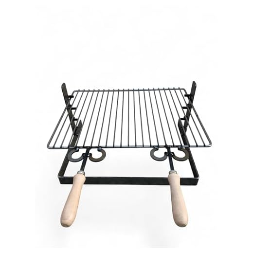 Griglia in ferro regolabile su più altezze, bistecchiera con manici in legno, per barbecue e camino per carne pesce verdure (50x36 cm)