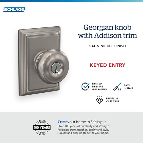 Image of SCHLAGE F51A GEO 619 ADD Georgian Knob with Addison Trim Keyed Entry Lock, Satin Nickel