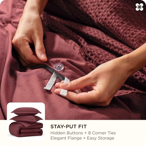 Image of Bedsure Cotton Duvet Cover Queen - 100% Cotton Waffle Weave Maroon Red Duvet Cover Queen Size, PureWoven Breathable Bedding Set for All Season, 3 Pieces, 90 inchx90 inch