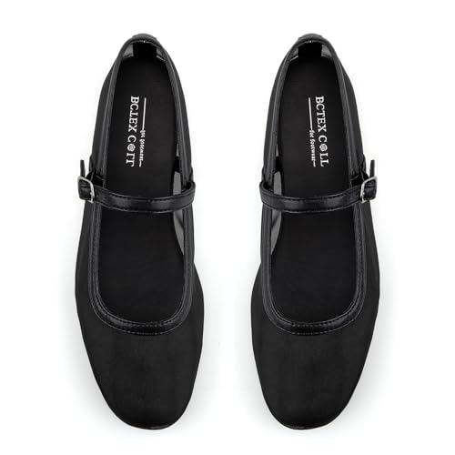 BCTEX COLL Black Mesh Ballet Flats Mary-Jane Ballerina Flats Square Toe Dressy Casual Shoes with Buckle Strap, Size 83