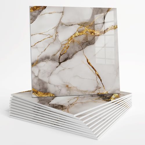 10pcs Peel and Stick Tile Shower Waterproof Marble Tiles Wall Panels, 11.8"x11.8" Self-Adhesive Backsplash Tile, PVC Wall Panels Shower Tiles for Home Bathroom, Kitchen, Living Room White (8)