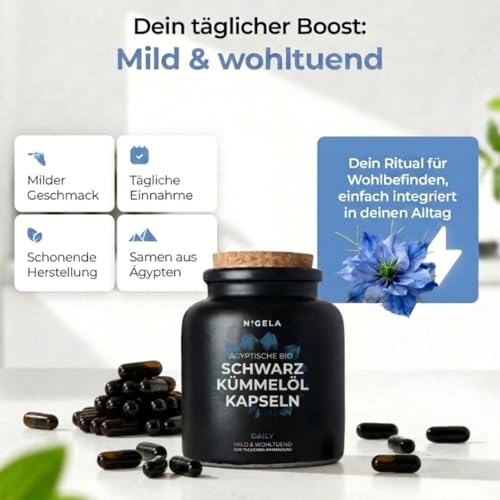 Nigela Schwarzkümmelöl Kapseln DAILY - Ägyptisches Schwarzkümmeloel ungefiltert - BIO Schwarzkümmel-Öl kaltgepresst - Premium Kümmelöl Kapsel für den täglichen Bedarf - Nigella Sativa Öl - 180 Stück