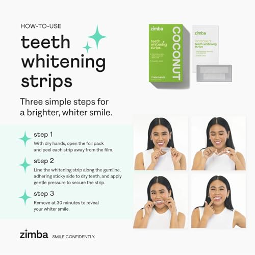 Image of Zimba Coconut Flavored Teeth Whitening Strips | Vegan, Enamel Safe Hydrogen Peroxide Teeth Whitener for Coffee, Wine, Tobacco, and Other Stains | 7 Day Treatment |Coconut