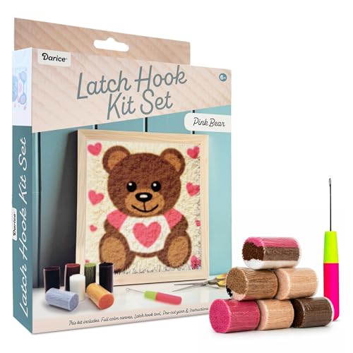 Darice Latch Hook Rug Kit Pink Bear Design DIY Latch Hook Kit for Kids & Adults Color Canvas PreCut Yarn & Hook Tool Craft Activity & Gift for Kids