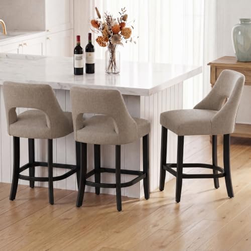 Image of UVV Bar Stools Set of 4, Upholstered Counter Height Bar Stools, Modern Counter Stools with Wood Legs for Kitchen Island Dining Room Bar, Khaki-Black Legs